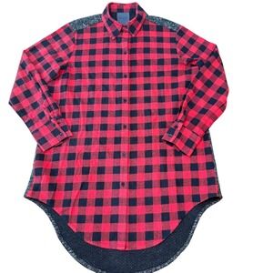 Maude Vivante Red Black Plaid Tunic Shirt Women's Size L Button Front Long‎